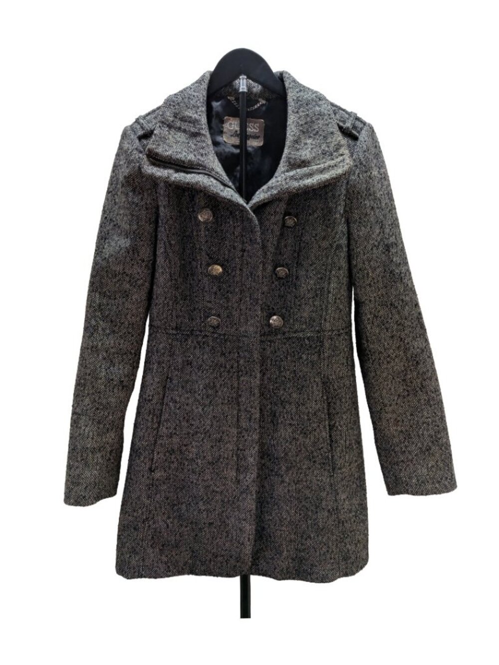 GUESS Los Angeles Womens M Wool Blend Tweed Zip Coat Crest Buttons